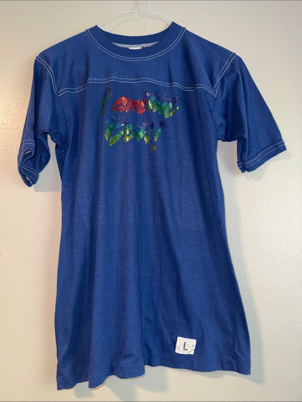 Womens Blue Graphic Tee with Rainbow Glitter spell out Text